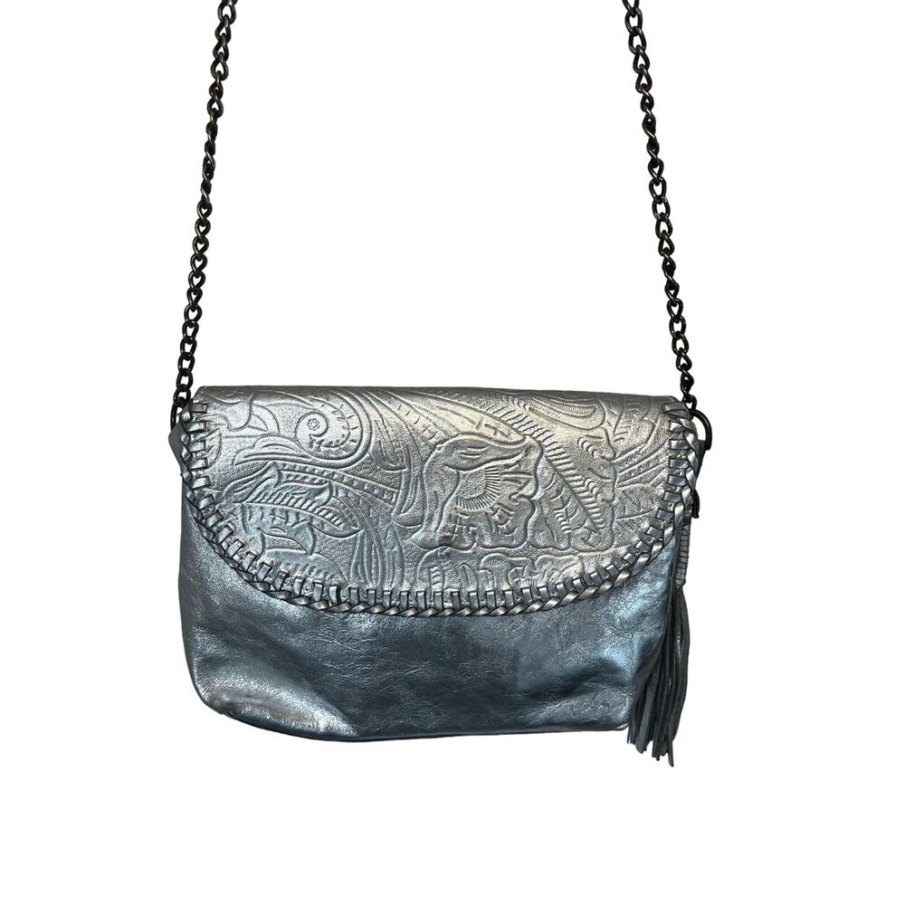 Vintage Velez Genuine Leather Colombia Metallic Silver Embossed Crossbody Bag